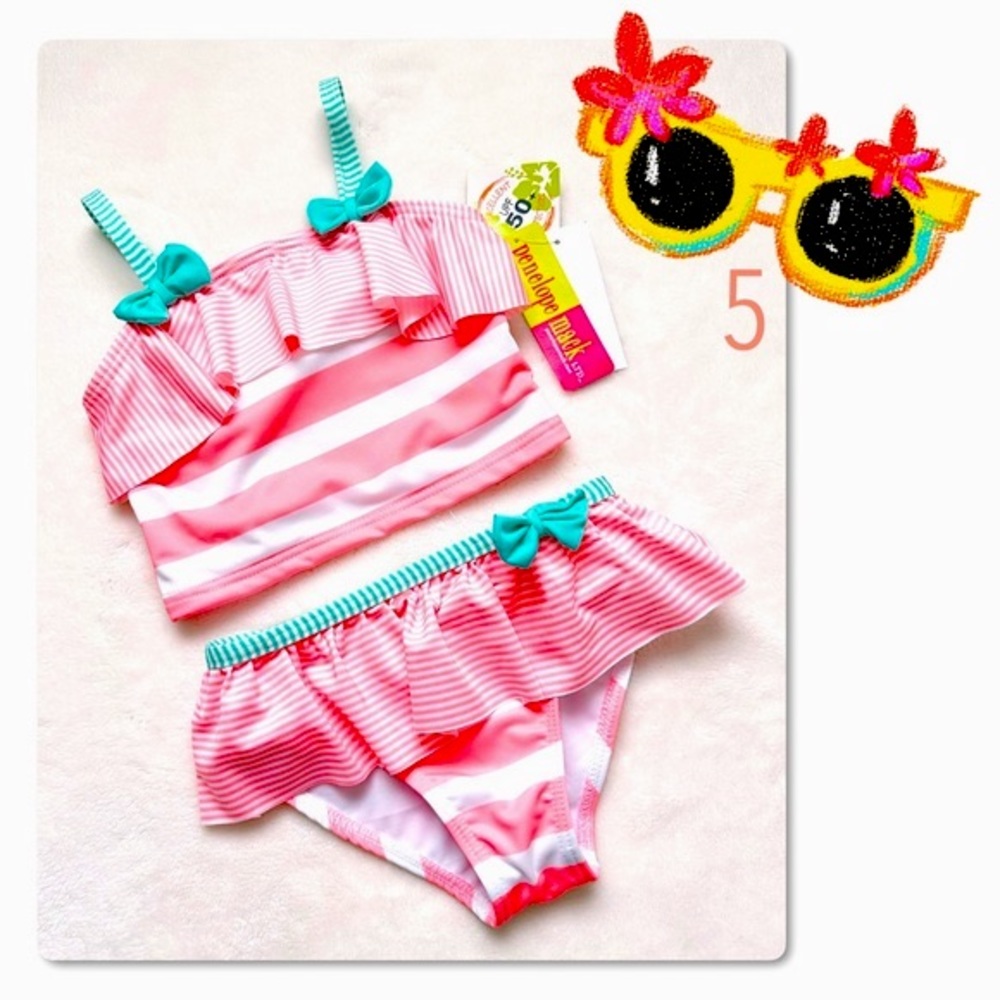 NEW Penelope Mack Girl's 2-Piece Pink & White Striped Swimsuit Size 5